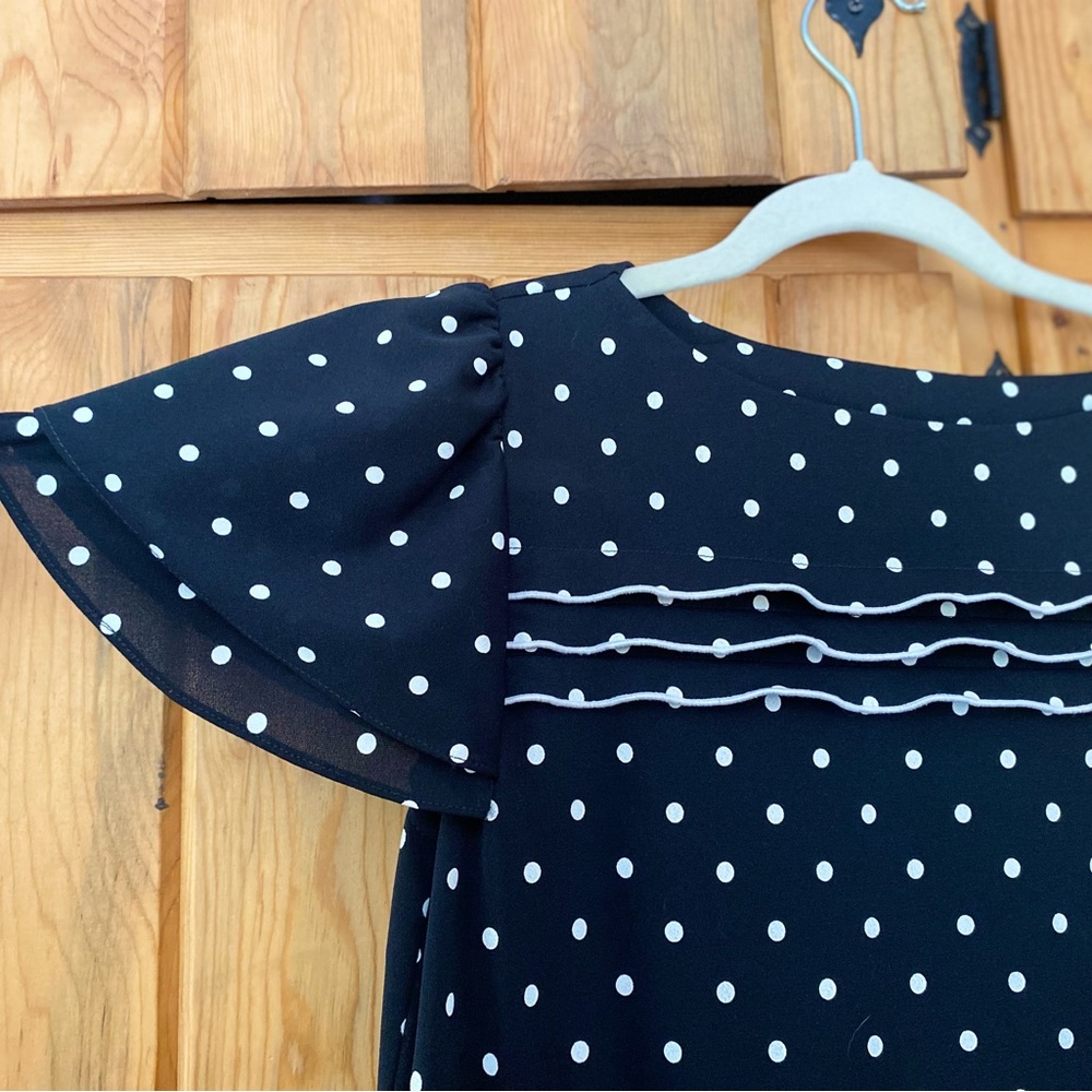 Vintage black and white polka dot flared sleeve dress by Lady Carol.